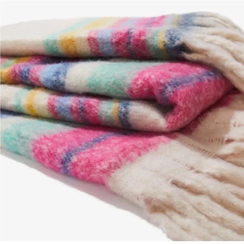 FREE PEOPLE Skye Stripe Fringe Throw Blanket Multicolor Pink Blue White Washable